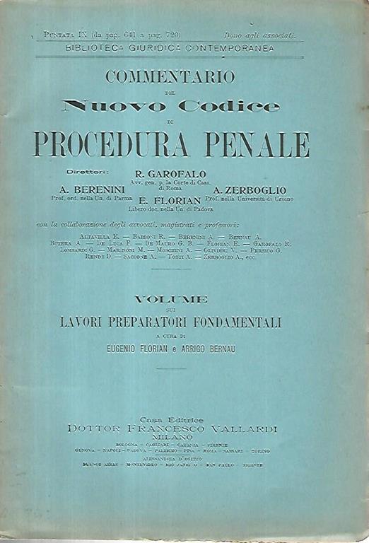 Commentario del nuovo codice di procedura penale. Volume sui lavori preparatori fondamentali. Puntata IX - Eugenio Florian - copertina