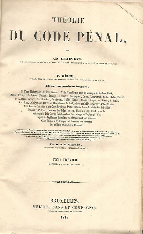 Theorie du code penale. Volume 1 - Adolphe Chauveau - copertina