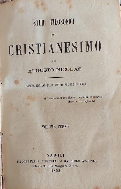 Studi filosofici sul Cristianesimo, vol. 3° - Augusto Nicolas - copertina