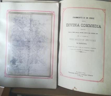 Frammento di un codice della Divina Commedia scritto sulla fine della prima metà del secolo XIV che si conserva nell'Archivio Notarile di Sarzana - copertina