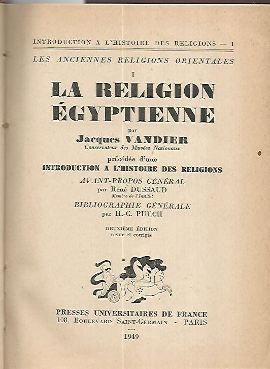 La religion egyptienne - Jacques Vandier - copertina