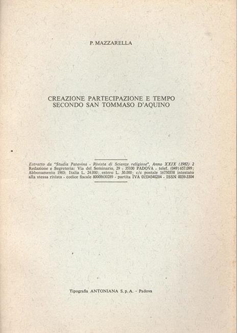 Creazione partecipazione e tempo secondo san Tommaso D'Aquino - P. Mazzarella - copertina