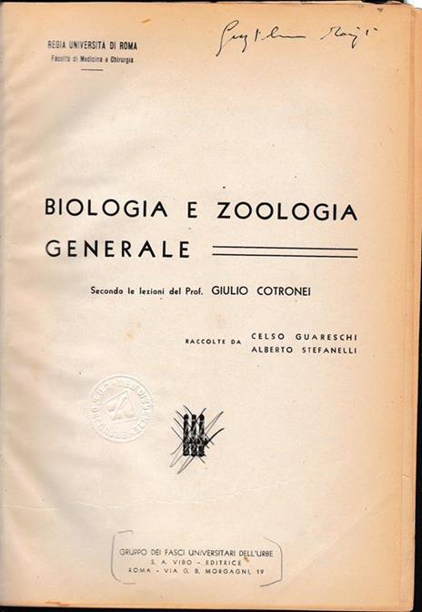 Biologia e Zoologia generale secondo le lezioni del Prof. G. Cotronei - Raccolte Da C. Guareschi - copertina