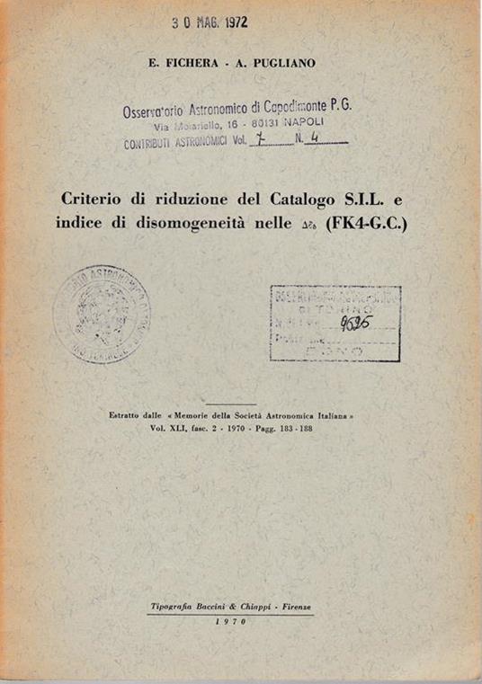 Criterio di riduzione del Catalogo S.I.L. e indice di disomogeneità nelle (FK4-G.C.) - E. Fichera - copertina