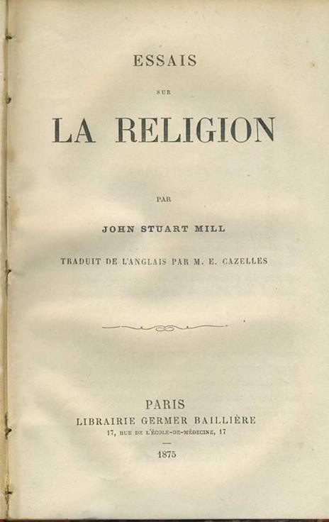 Essais sur la religion - John Stuart Mill - copertina