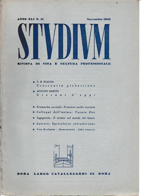 Studium. Rivista di vita e cultura professionale, anno XLI, n. 11 Novembre 1945 - copertina