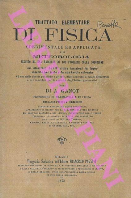 Trattato elementare di fisica sperimentale ed applicata e di metereologia - Adolphe Ganot - copertina