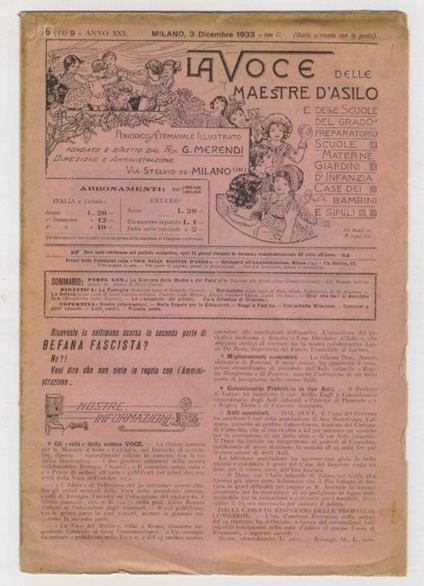 Voce (La) delle Maestre d'Asilo. E delle Scuole del grado preparatorio - Scuole materne - Giardini d'infanzia - Case dei bambini, e simili. Periodico settimanale illustrato. Fondato e diretto da G. Merendi. Anno XXX - N. 9 - copertina