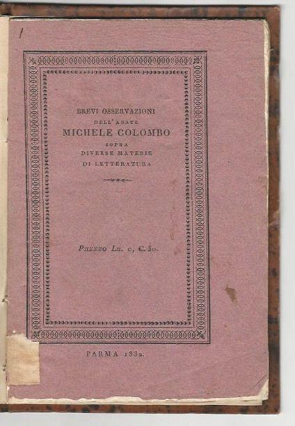 Brevi osservazioni dell'abate Michele Colombo sopra diverse materie di letteratura - Michele Colombo - copertina