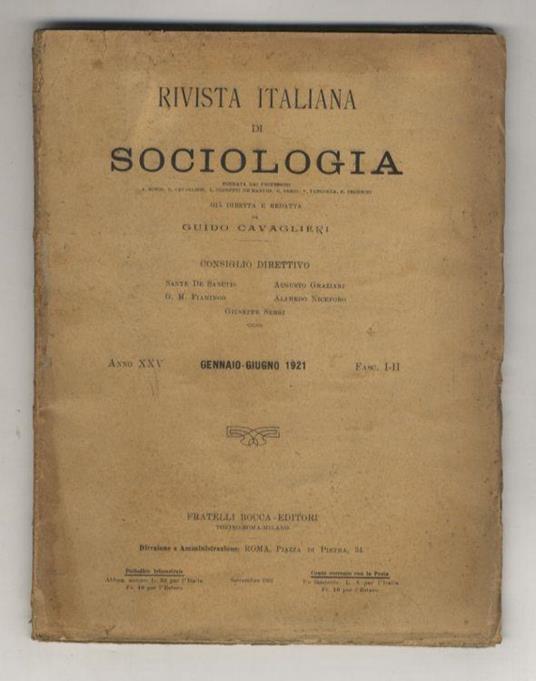 Rivista Italiana di Sociologia. Anno XXV. Fasc. I-II. Gennaio-giugno 1921 - copertina