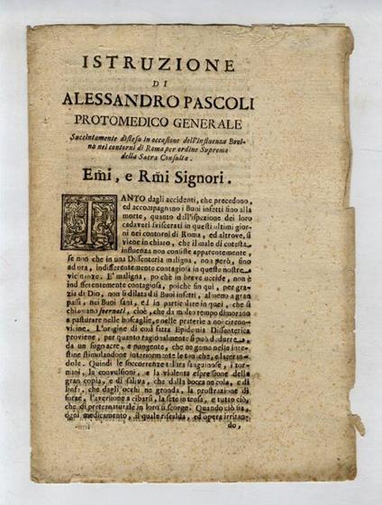 Istruzione di Alessandro Pascoli protomedico generale, succintamente distesa in occasione dell'influenza bovina nei contorni di Roma, per ordine supremo della Sacra Consulta - Alessandro Pascoli - copertina