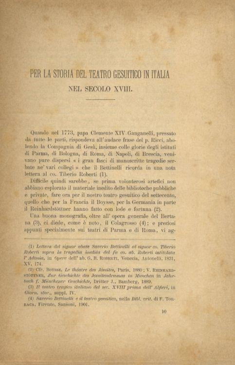 Per la storia del teatro gesuitico in Italia nel secolo XVIII. In: Rassegna critica della letteratura Italiana, pubblicata da E. Percopo, F. Torraca e N. Zingarelli. Anno XII n. 7-8, luglio-agosto 1907 - Attilio Simioni - copertina