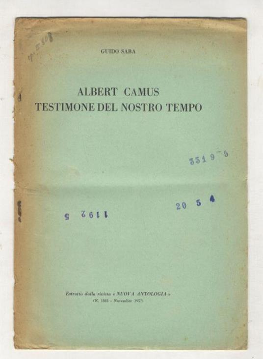 Albert Camus testimone del nostro tempo - Guido Saba - copertina