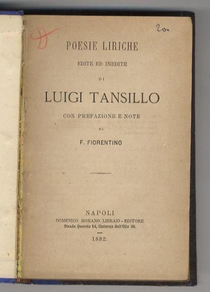 Poesie liriche edite ed inedite. Con prefazione e note di F. Fiorentino - Luigi Tansillo - copertina