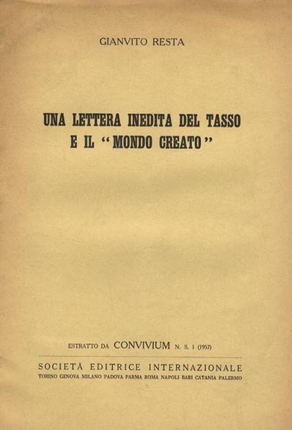 Una lettera inedita del Tasso e il Mondo creato - Gianvito Resta - copertina