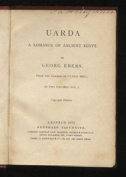 Uarda. A Romance of Ancient Egypt. From the German by Clara Bell. Copyright Edition - Georg Ebers - copertina