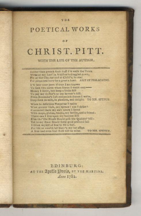 The Poetical Works (...) Containing his Miscellanies, Paraphrases, Epistles, Odes, Imitations, etc., etc., etc. With the Life of the Author - Christopher Pitts - copertina