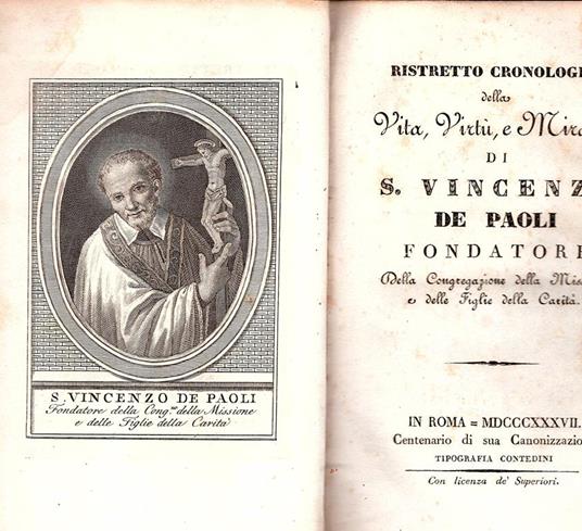 Ristretto cronologico della vita, virtù, e miracoli di S. Vincenzo de Paoli, fondatore della Congregazione della Missione, e delle Figlie della Carita - copertina