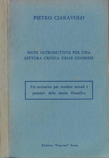 Note introduttive per una lettura critica delle filosofie - Pietro Ciaravolo - copertina