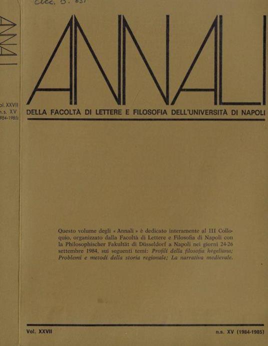 Annali della facoltà di lettere e filosofia dell'università di Napoli Vol. XXVII n.s. XV (1984-1985) - copertina