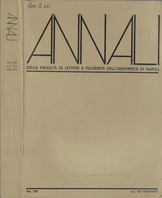 Annali della facoltà di lettere e filosofia dell'università di Napoli Vol. XIX n.s. VII (1976-1977) - copertina