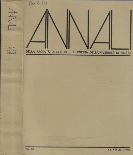 Annali della facoltà di lettere e filosofia dell'università di Napoli Vol. XX n.s. VIII (19771-1978) - copertina