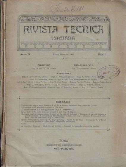 Rivista tecnica italiana anno IV N. 1, 2, 3-5, 6, 7 1903 - copertina