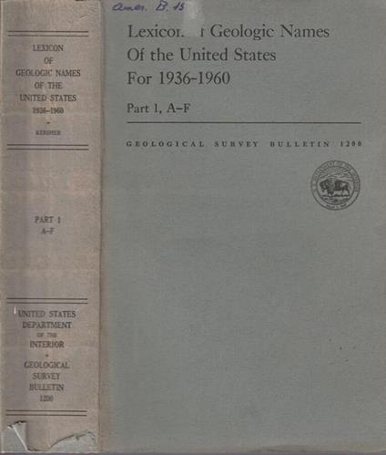 Lexicon of Geologic Names of the United States for 1936-1960 parte I A-F - copertina