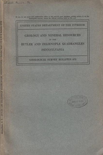 Geology and mineral resources of the Butler and Zelienople quadrangles Pennsylvania - copertina