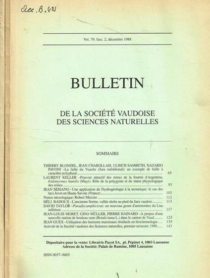 Bulletin de la société vaudoise des sciences naturelles. Vol.79, Fasc.2, 3, decembre 1988-juin 1989 - copertina