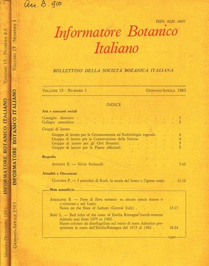 Informatore botanico italiano. Bollettino della societa botanica italiana. Vol.15, fasc.I, 2/3, 1983 - Franco Pedrotti - copertina