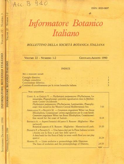 Informatore botanico italiano. Bollettino della societa botanica italiana. Vol 22, fasc.1/2, 3, 1990 - Franco Pedrotti - copertina