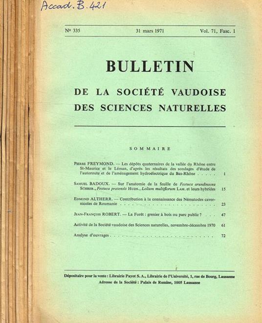 Bulletin de la societè vaudoise des sciences naturelles. Vol.71, 9voll - copertina