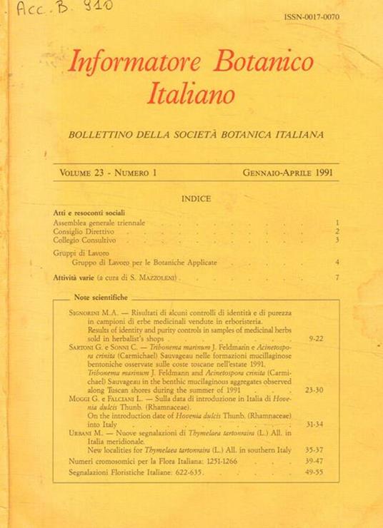 Informatore botanico italiano. Bollettino della societa botanica italiana. Vol.23, fasc.1, gennaio-aprile 1991 - Fabio Garbari - copertina