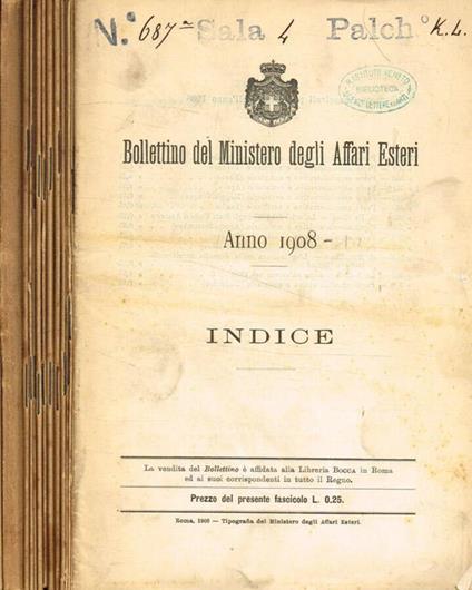 Bollettino del ministero degli affari esteri anno 1908 - copertina