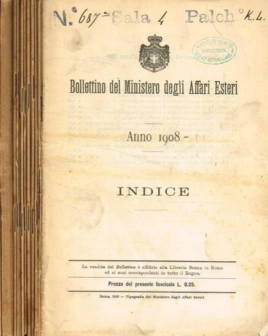 Bollettino del ministero degli affari esteri anno 1908 - copertina