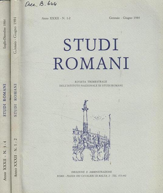 Studi Romani. Rivista trimestrale dell'istituto nazionale di studi romani. Anno XXXII, 1984, 2voll - Luigi De Nardis - copertina