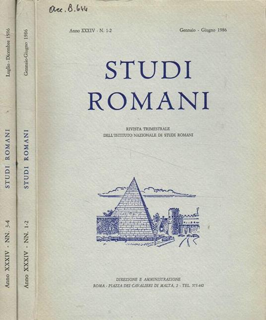 Studi Romani. rivista trimestrale dell'istituto nazionale di studi romani anno XXXIV, 1986, 2voll - Luigi De Nardis - copertina
