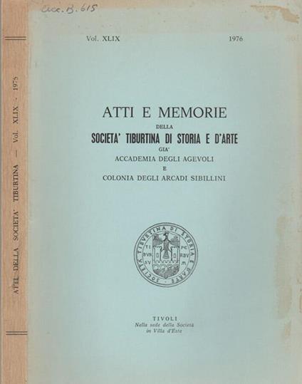 Atti e Memorie della Società Tiburtina di Storia e d'Arte già Accademia degli Agevoli e Colonia degli Arcadi Sibillini - Angelico da Civitavecchia - copertina