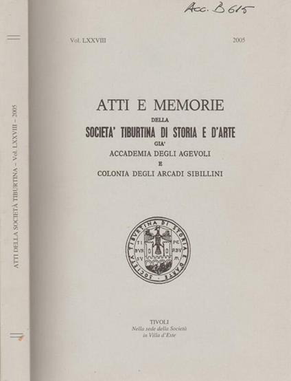 Atti e Memorie della Società Tiburtina di Storia e d'Arte già Accademia degli Agevoli e Colonia degli Arcadi Sibillini - Angelico da Civitavecchia - copertina