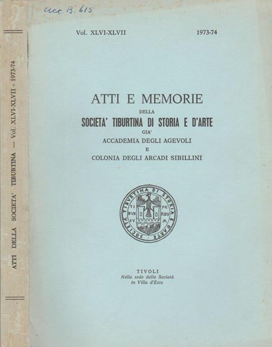 Atti e Memorie della Società Tiburtina di Storia e d'Arte già Accademia degli Agevoli e Colonia degli Arcadi Sibillini - Angelico da Civitavecchia - copertina