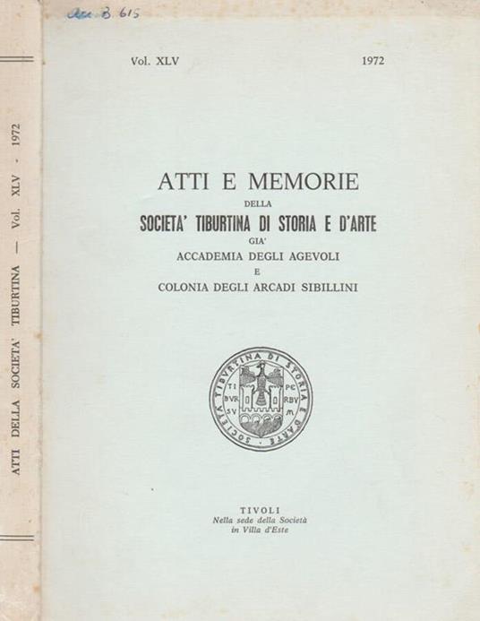 Atti e Memorie della Società Tiburtina di Storia e d'Arte già Accademia degli Agevoli e Colonia degli Arcadi Sibillini - Angelico da Civitavecchia - copertina