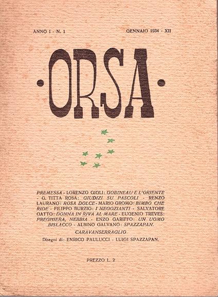 Orsa. Rivista mensile di letteratura e d'arte. Anno I. N. 1 Gennaio 1934 - copertina