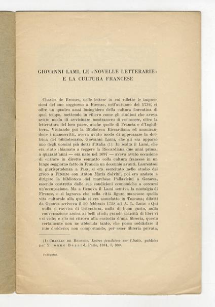 Giovanni Lami, le "Novelle letterarie" e la cultura francese - Carlo Pellegrini - copertina