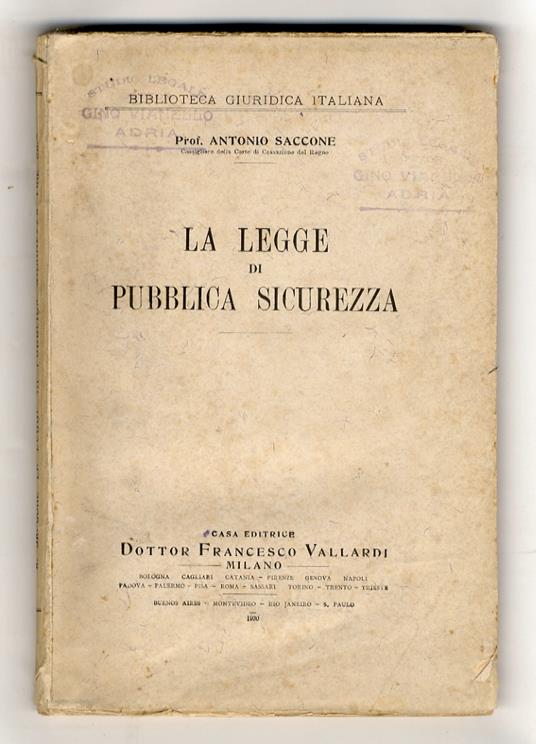 La legge di pubblica sicurezza - Antonio Saccone - copertina