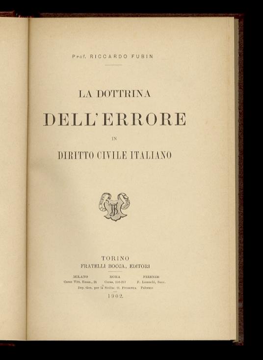 La teoria dell'errore in diritto civile italiano - Riccardo Fubini - copertina