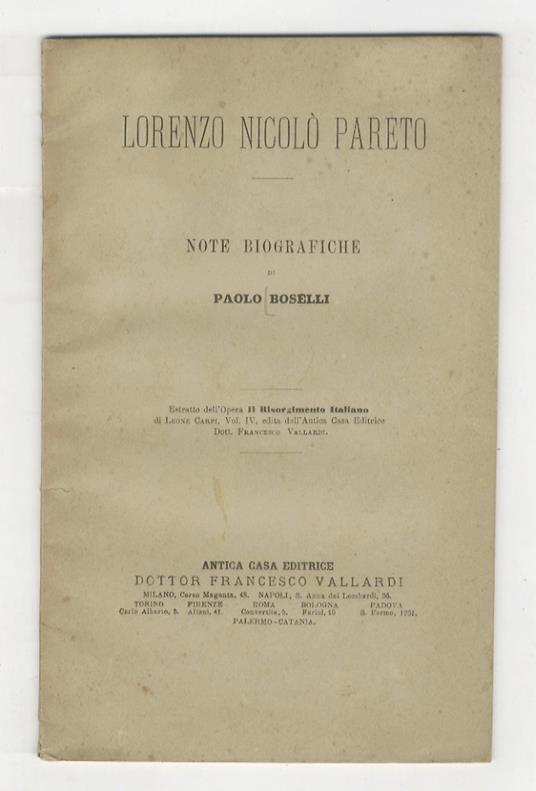 Lorenzo Nicolò Pareto. Note biografiche [...] - Paolo Boselli - copertina