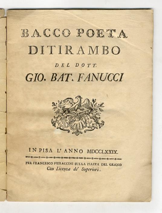 Bacco poeta. Ditirambo [...] - Giovanni Battista Fanucci - copertina