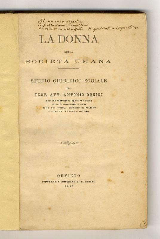 La donna nella società umana. Studio giuridico sociale - Antonio Orsini - copertina