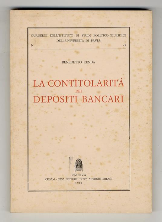 La contitolarità dei depositi bancari - Benedetto Renda - copertina